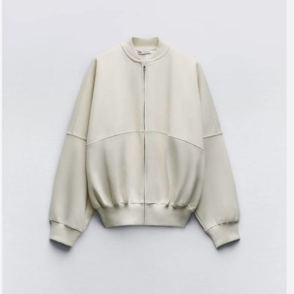 Zara Zipped Bomber Sweatshirt, Cream